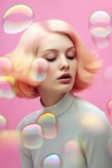Obraz na płótnie Canvas A young woman releasing joyful pink-tinted bubbles: happiness, joy, gratitude, fun, femininity, elegance, colorful, playful