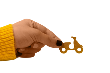 Fast and free delivery by scooter, wooden scooter in hand isolated on transparent background