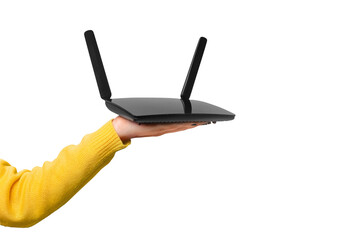 black wifi router on hand isolated on transparent background - obrazy, fototapety, plakaty
