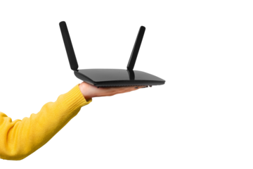 black wifi router on hand isolated on transparent background