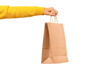 Woman hand holding paper shopping bag isolated on transparent background. Discounts and sale of concept.