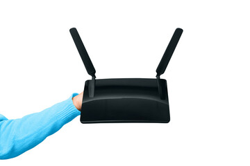 black wifi router on hand isolated on transparent background