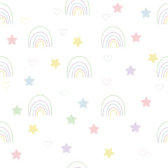 Cheerful colored stars and rainbow, childish seamless pattern in soft pastel colors. Vector