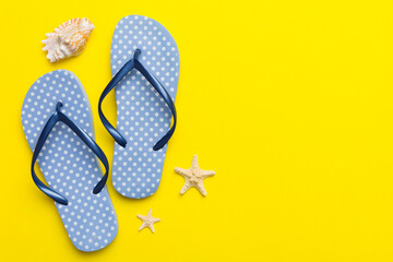 Flat lay composition with flip flops and seashell on colored background. Space for text top view