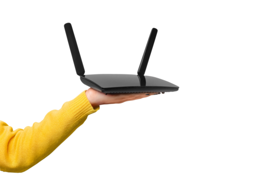 black wifi router on hand isolated on transparent background