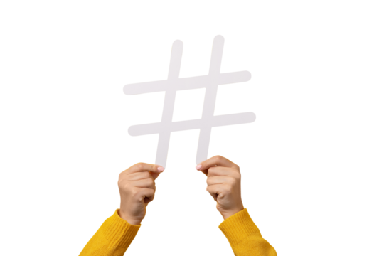 trendy white hashtag in hands isolated on transparent background