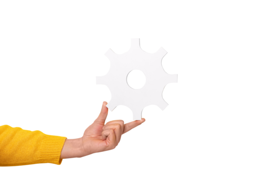 hand holding gear symbol isolated on transparent background - Powered by Adobe