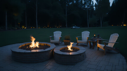 closeup of the Outdoor fire pit in the backyard with lawn chairs seating on a late summer night