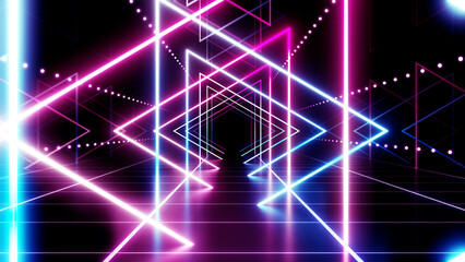 Neon Line Tunnel glowing Fluorescent light corridor stage 3D illustration background