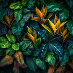 Beautiful, abstract, summer or autumn, lush, colorful tropical leaves background. Exotic, contemporary concept of jungle. Flat lay, top view. Generated by artificial intelligence.