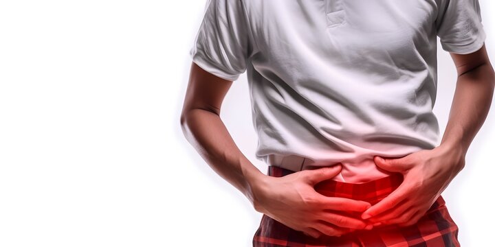 Man suffering lower abdominal pain. AI generated
