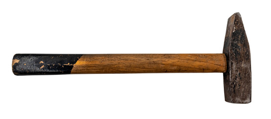 Hammer with a wooden handle with chips and scuffs on a white background. Old rusty hammer