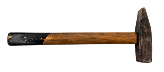 Hammer with a wooden handle with chips and scuffs on a white background. Old rusty hammer