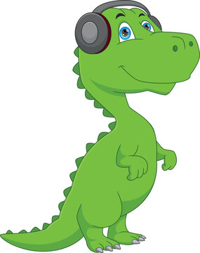cartoon cute baby dinosaur wearing headphones