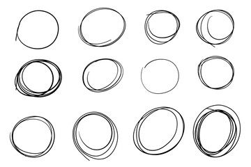 Hand Drawn Circle. Circular scribble doodle round circles. Highlight circles set. Line art