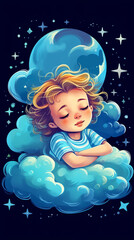 Obraz na płótnie Canvas hand drawn cartoon illustration of little girl sleeping in the clouds 