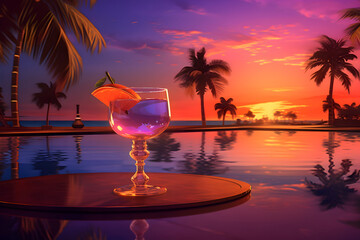 A glass of cocktail with lemon at sunset against the background of the sea