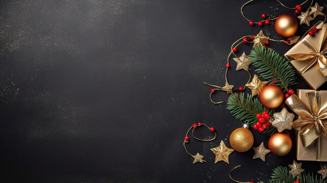  Christmas dark black background with beautiful texture and Golden gift box with red ribbon, fir branches, cones, Christmas tree toys stars, Christmas tree cookies, 