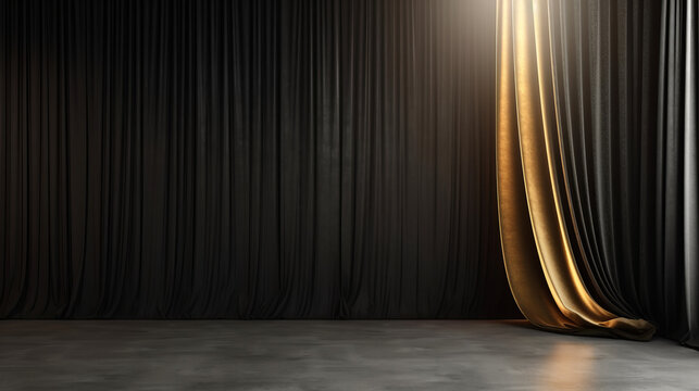 Empty background - Theater stage with black gold velvet curtains (Generative Ai)