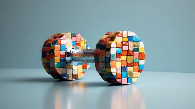 Fototapeta A sports dumbbell adorned with a colorful mosaic. A creative photograph showcasing a minimalist style.