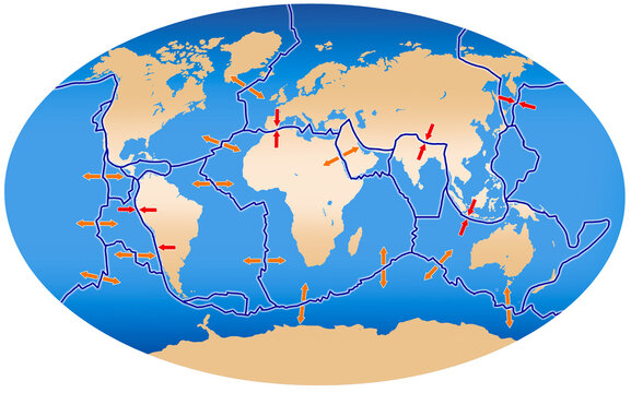 Illustration of world map tectonic plate junctions