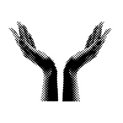 Black and white illustration of two hands. Modern halftone collage elements. Vector illustration.