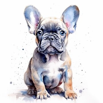 French bulldog puppy. Stylized watercolour digital illustration of a cute dog with big blue eyes. AI