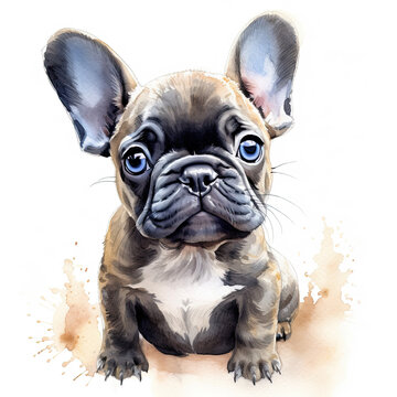 French bulldog puppy. Stylized watercolour digital illustration of a cute dog with big blue eyes.