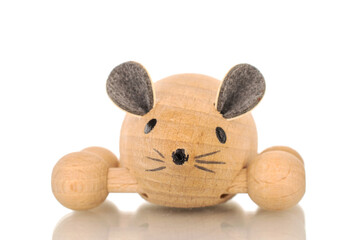 One toy wooden mouse, macro, isolated on white background.