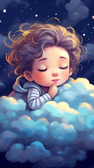 Obraz na płótnie Canvas hand drawn cartoon illustration of little girl sleeping in the clouds 