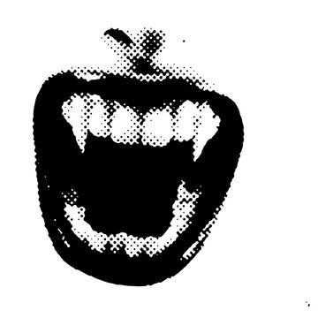 Open mouth with vampire fangs in trendy halftone style. Vector analog dotted illustration.