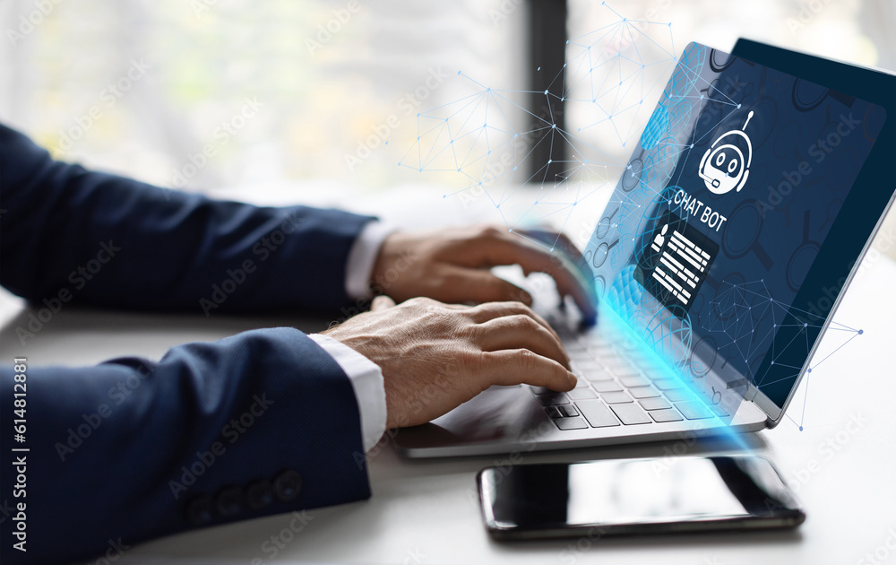 Aufkleber Unrecognizable businessman typing on laptop keyboard, using chatbot