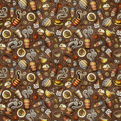 Fototapeta premium Cartoon cute doodles Coffee Shop seamless pattern