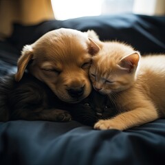 Friendly purebred cats and dog sleeps and hugs together at home. Close up. Generative AI.