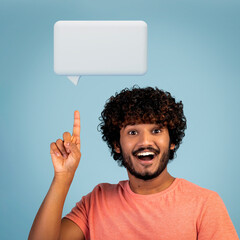 Indian guy pointing finger showing text bubble icon, blue background