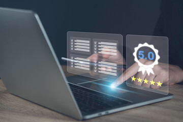 Digital checklist and customer satisfaction warranty concept. Businessman using laptop checklist...