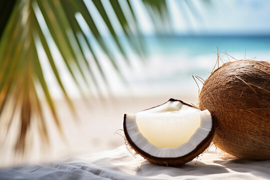Coconut cocktail on the beach, Tropical Delight: A Captivating Close-Up Photograph of a Coconut Drink on a Towel, Amidst Sun Loungers, Parasols, and the Vibrant Serenity of a Sunny Tropical Beach