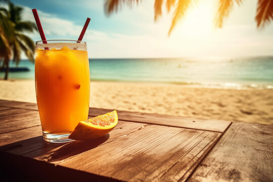 Cocktail on the beach, ropical Refreshment: A Captivating Close-Up Photograph of a Fresh Iced Wet Long Drink with Fruits on a Wooden Table