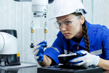 female automation machine engineer student study and inspection control robot arm machine in...