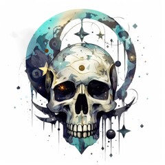 Skull and stars watercolor illustration, clipart, cute abstract art, cool tattoo design, generative ai art, white background