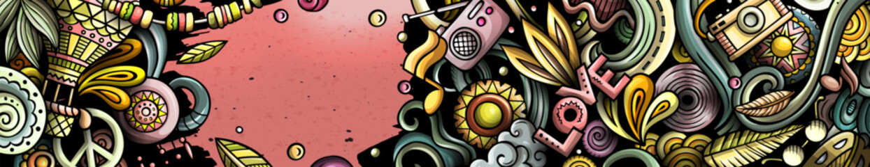 Hippie hand drawn doodle banner. Cartoon detailed illustrations.