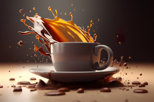 Morning coffee cup with brown coffee splashing in it. Coffee cup overflowing. Cup of coffee creating splash. Realistic 3D illustration. Generative AI
