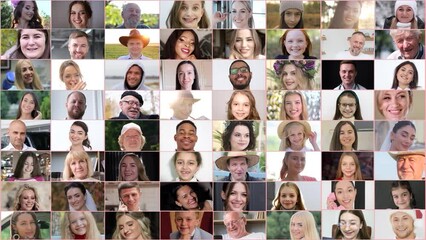 Video collage of different people smiling. Multi-screen editing of different multi-ethnic races 