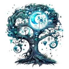 Magic tree watercolor illustration, clipart, cute abstract art, cool tattoo design, generative ai art, white background