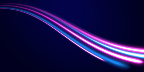 Abstract neon background with shining wires. Motion design. Magic empty space. Panoramic high speed technology concept, light abstract background.