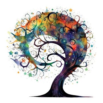 Tree watercolor illustration, clipart, cute abstract art, cool tattoo design, generative ai art, white background