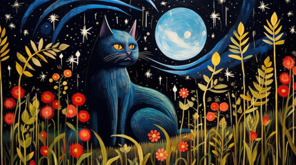 Cat in the Starry Night Scandinavian folk