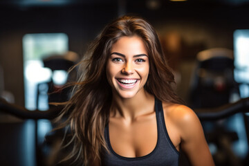 Plakat Portrait of a happy fit brunette in the gym. Healthy lifestyle and sports concept. High quality photo