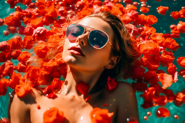 portrait of beauty girl in sunglasses swimming in pool surrounded by petals of flowers. resort concept. generative AI