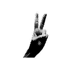Peace abstract halftone hand gesture. Victory hand gesture digital art. Raised arm with two fingers turned up graphic design. Black on white background. Vector illustration.